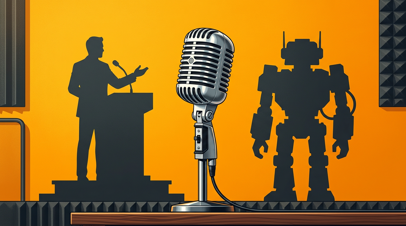 A studio microphone casting shadows of a public speaker and a futuristic robot, symbolizing creative character crossover content.