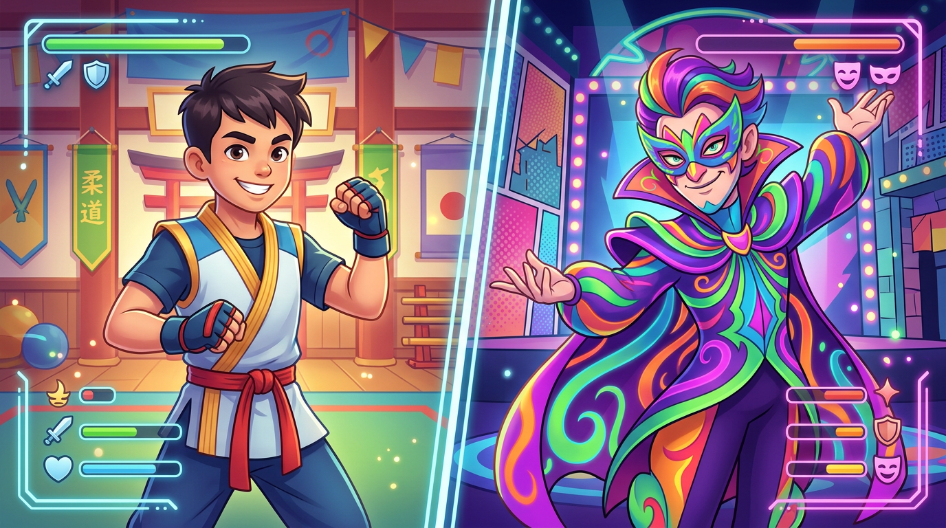 A split-screen graphic of a young hero and a theatrical masked villain, styled like a video game character select screen.