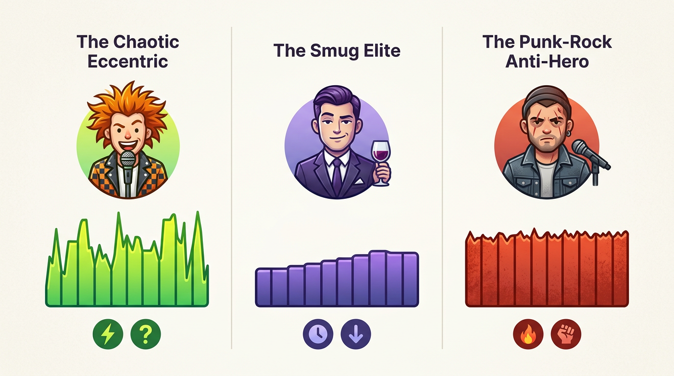A comparative chart mapping different character vocal archetypes by energy level, pitch, and comedic style.