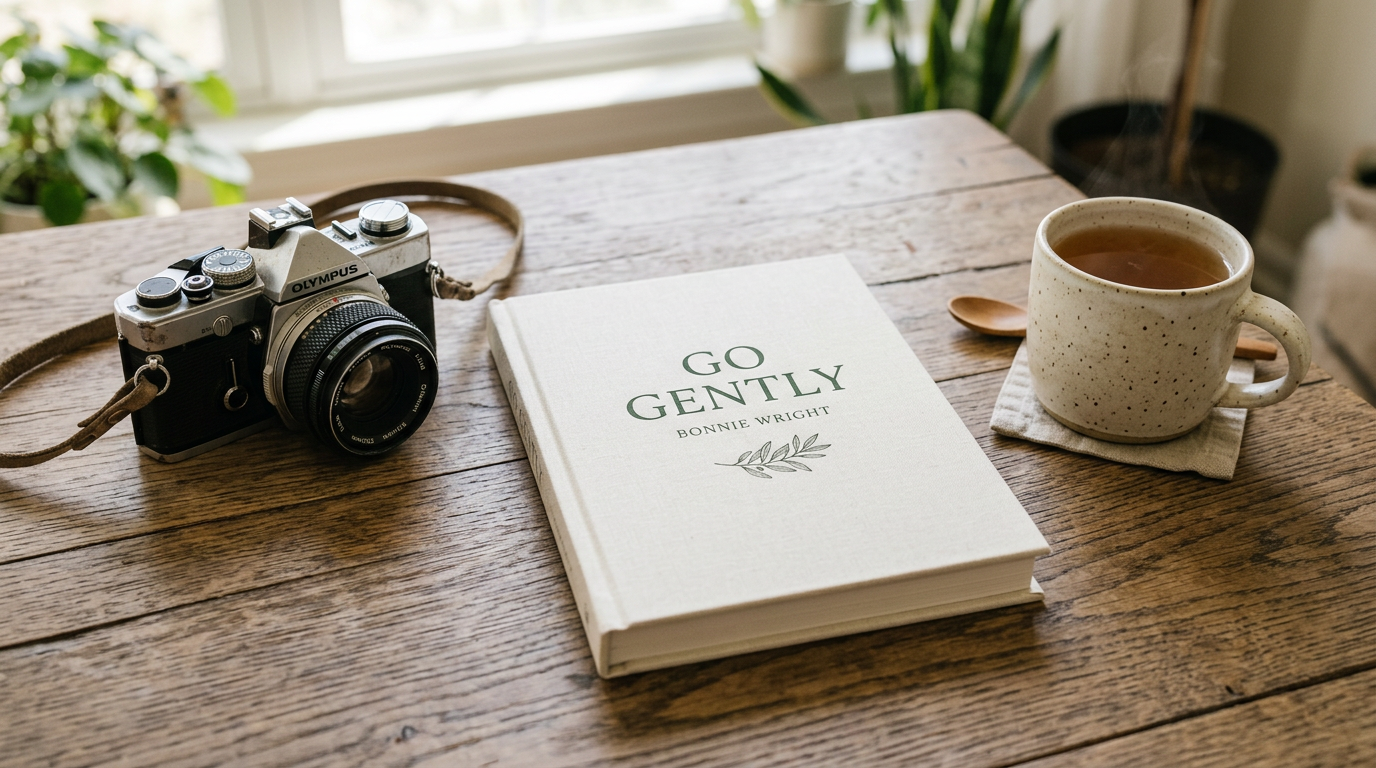 A minimalist book cover mock-up next to a film camera and a cup of tea on a wooden table.