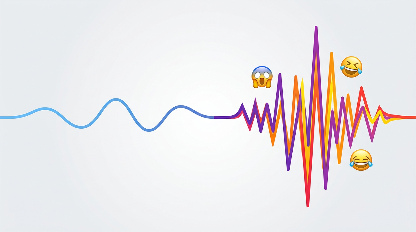 An infographic comparing smooth regular vocal waves with jagged, high-energy comedic vocal spikes.
