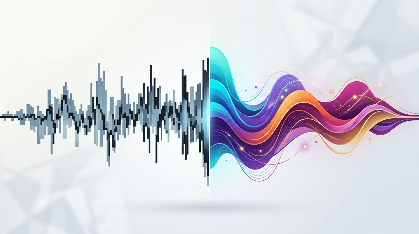 A visual comparison of low-quality, robotic sound waves versus smooth, high-fidelity AI voice audio waves.