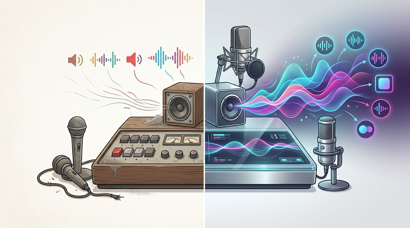 Infographic comparing static celebrity soundboards with dynamic AI voice generators across quality, customization, and format criteria.
