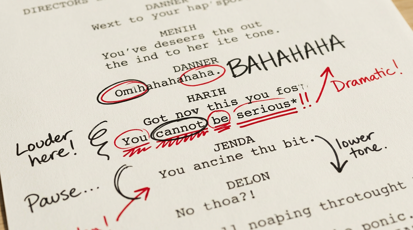 A close-up of a script with handwritten director notes on punctuation and phonetic spelling for AI voice generation.