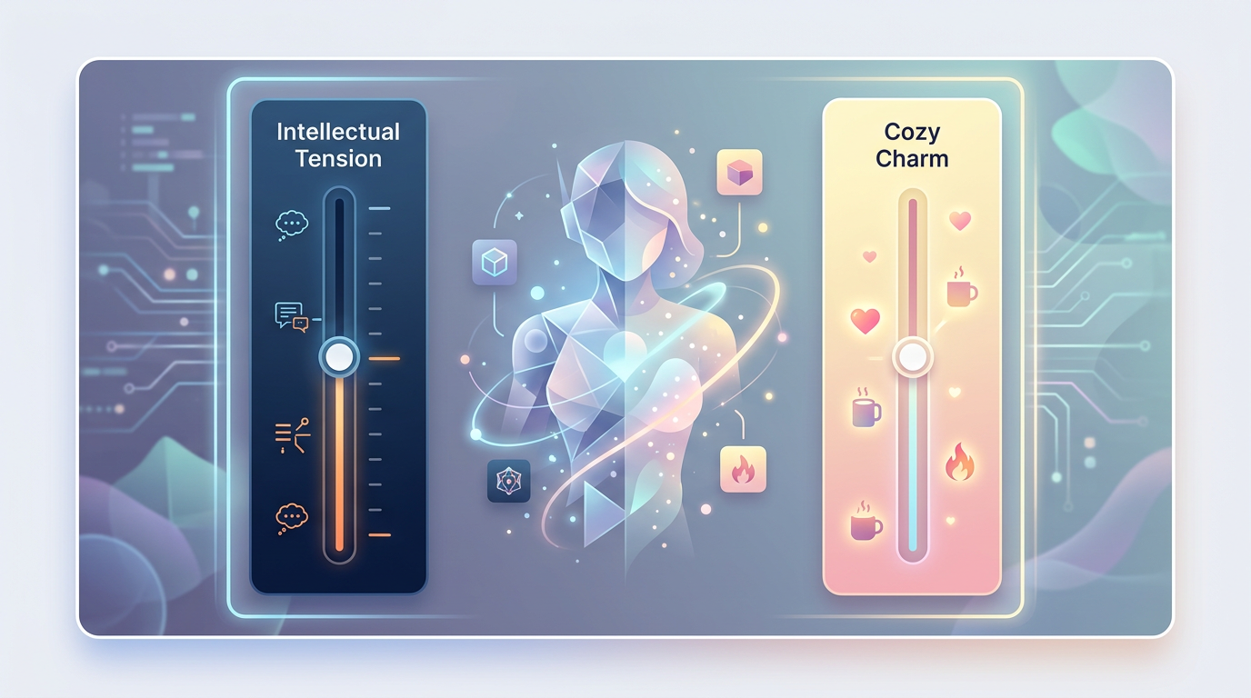 A conceptual UI design of a character creation dashboard showing adjustable sliders for personality traits like charm and tension.