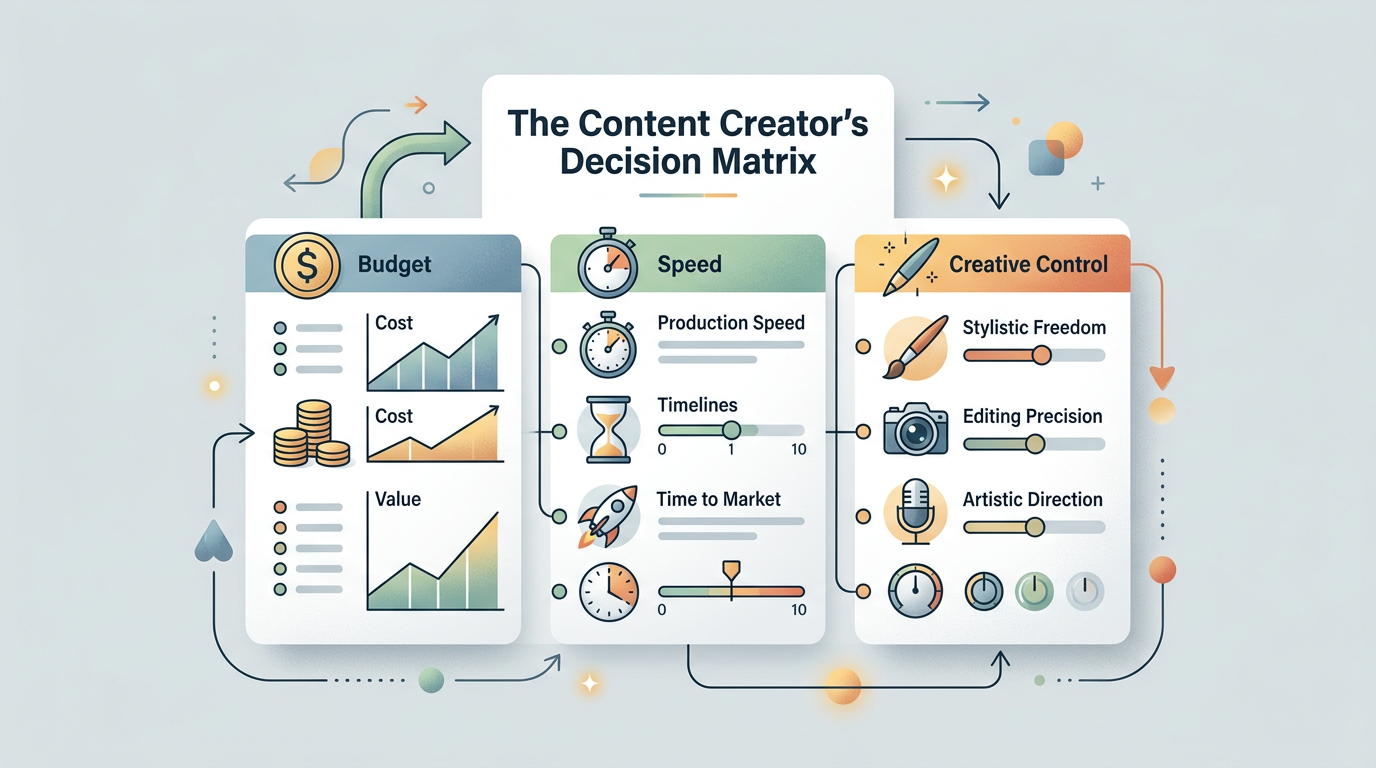 A decision matrix checklist for choosing between human celebrity videos and AI-generated character content.