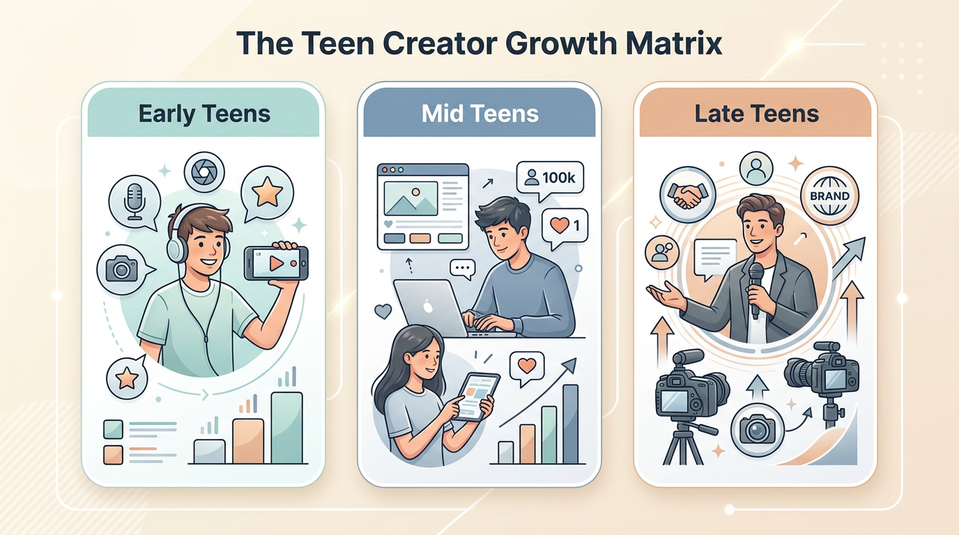 An infographic of the Teen Creator Growth Matrix showing career phases, content focus, and audience engagement strategies.