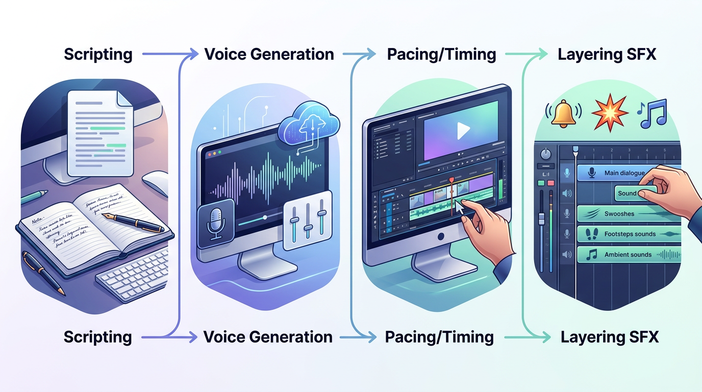 A workflow diagram illustrating how to direct and layer AI voiceovers with sound effects in a video editing timeline.