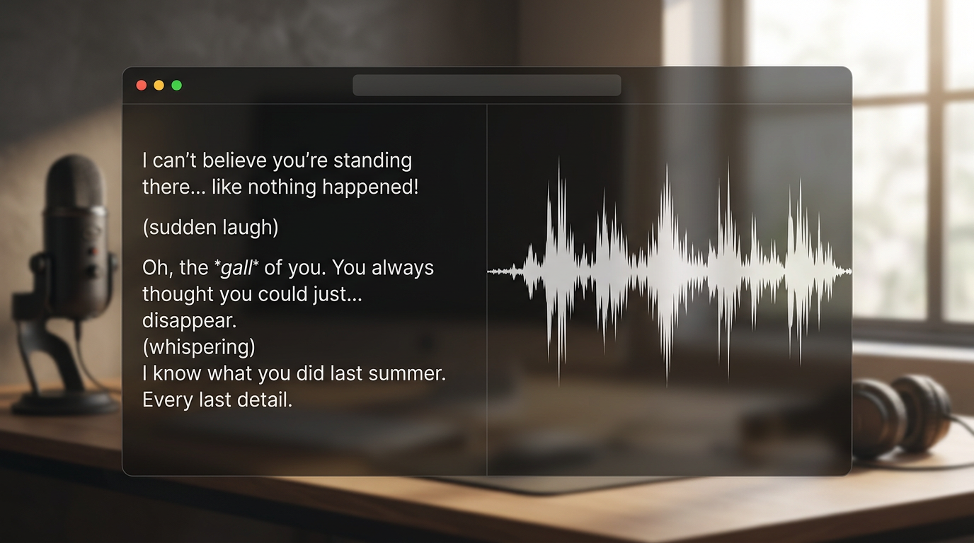 A digital mockup of an AI voice generator interface showing dramatic script editing and dynamic soundwaves.