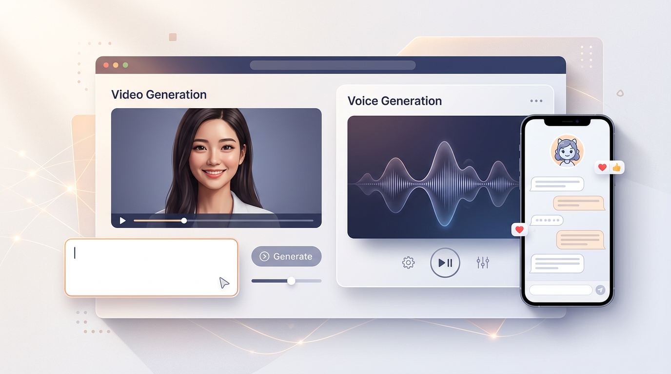 An illustration of Fanfun AI's interface showing options for personalized video generation, AI voiceovers, and interactive chat.
