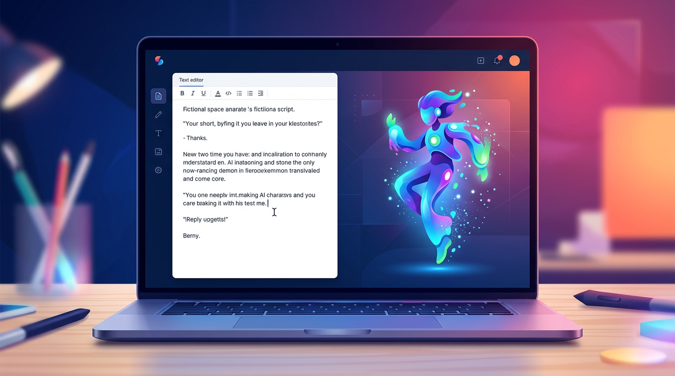 A digital mockup of the Fanfun creator platform showing a script editor and an AI character video rendering.