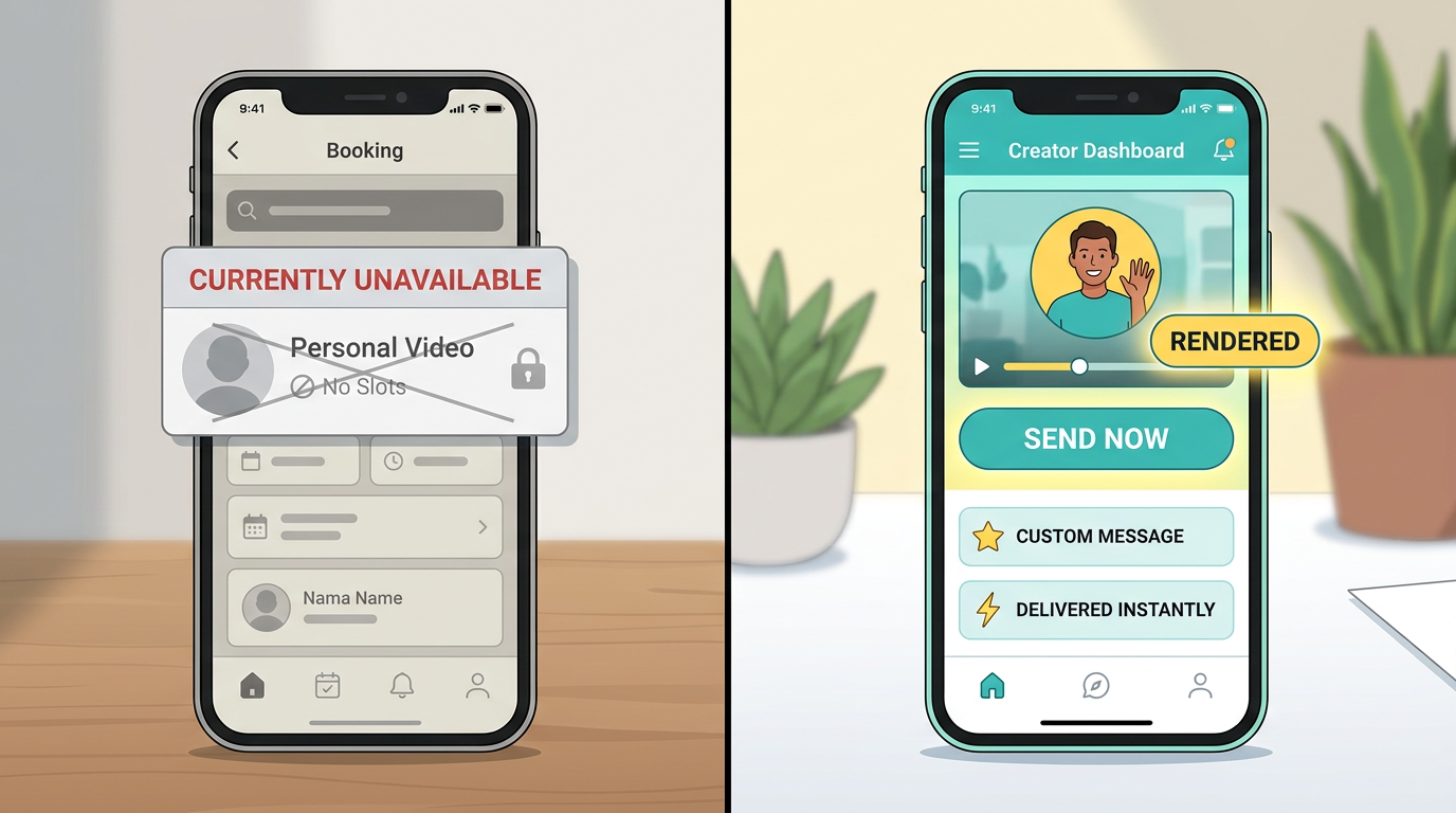 A comparison of a traditional booking app showing a celebrity as unavailable versus a modern AI video generation dashboard instantly creating content.