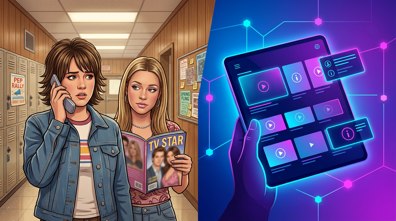 Comparison of classic television drama style and modern digital AI interfaces.
