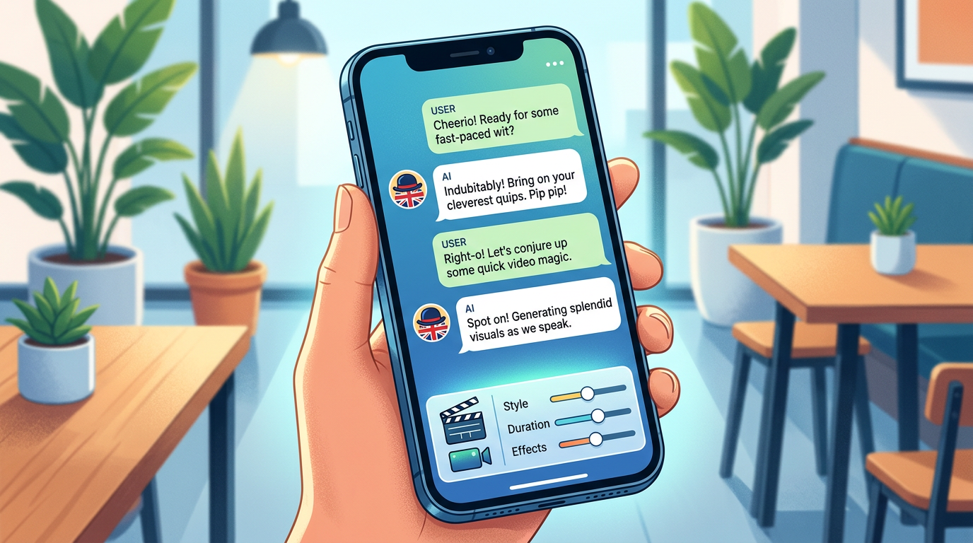 A smartphone interface showing an interactive AI chat and instant personalized video creation options.