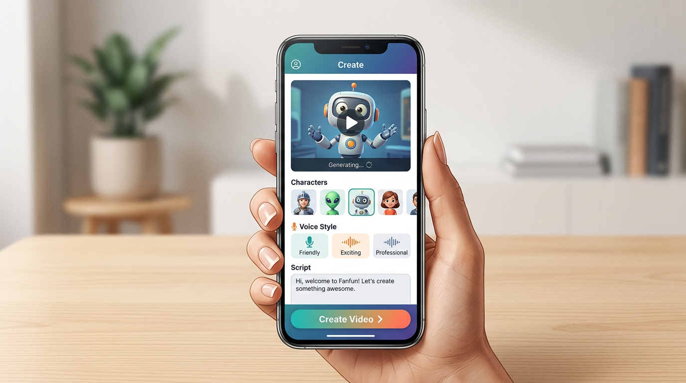 A smartphone screen showing the Fanfun interface where a user is creating a personalized character video.