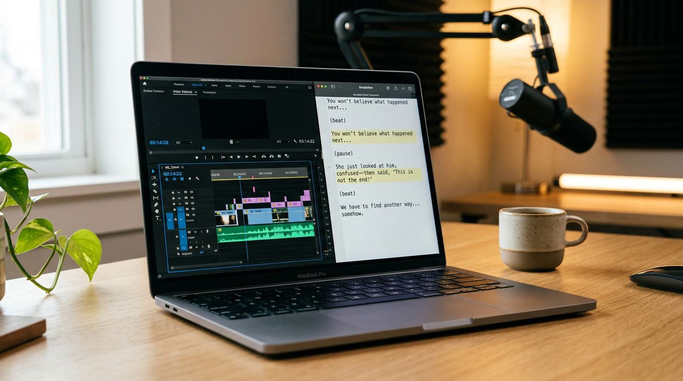 A close-up of a laptop screen displaying video editing software and a script with expressive punctuation, showcasing a modern content creator's workflow.