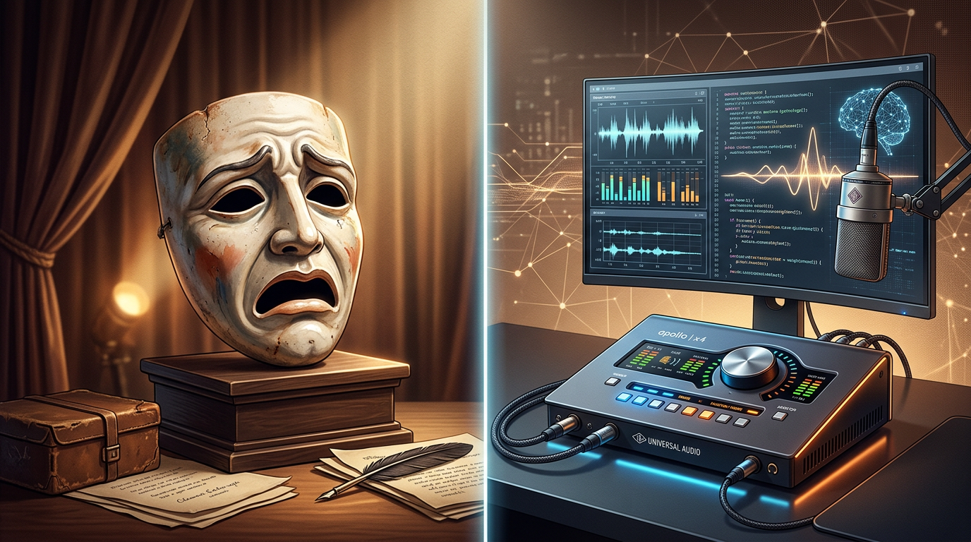 A conceptual graphic bridging traditional dramatic acting with modern AI voice technology.