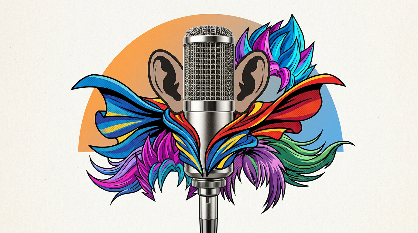 A studio microphone surrounded by colorful cartoon and superhero silhouettes.