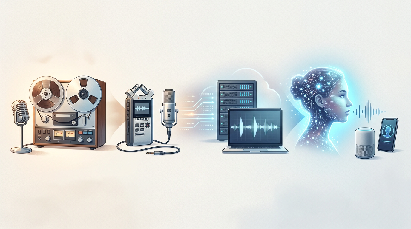 A diagram illustrating the evolution of audio technology from analog to AI synthesis.