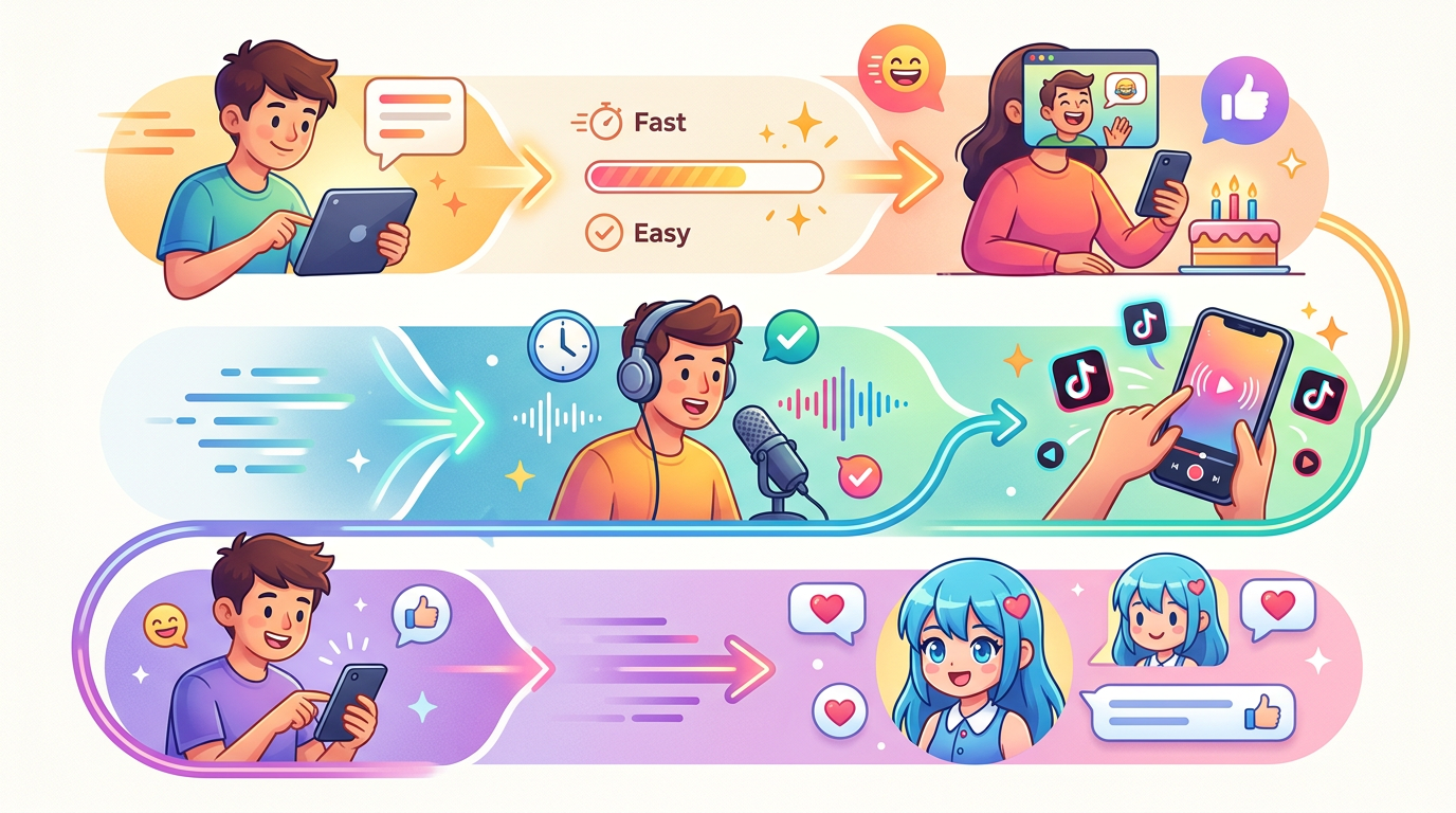 An infographic showing different ways to use Fanfun AI for gifts, social media content, and interactive chat.