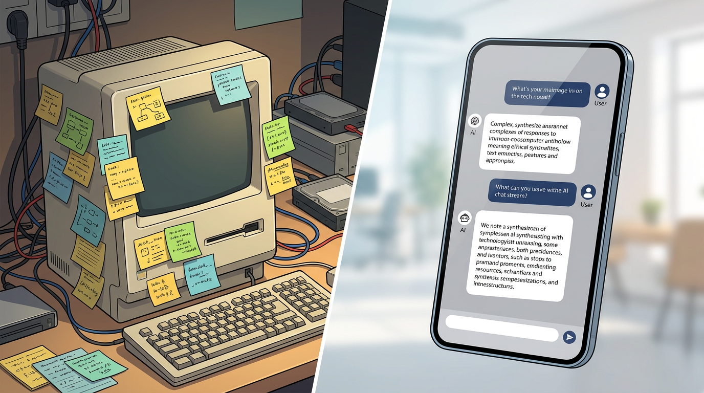 A stylized comparison of a retro tech-genius desk with a modern AI chat interface, representing the evolution of sci-fi character interaction.