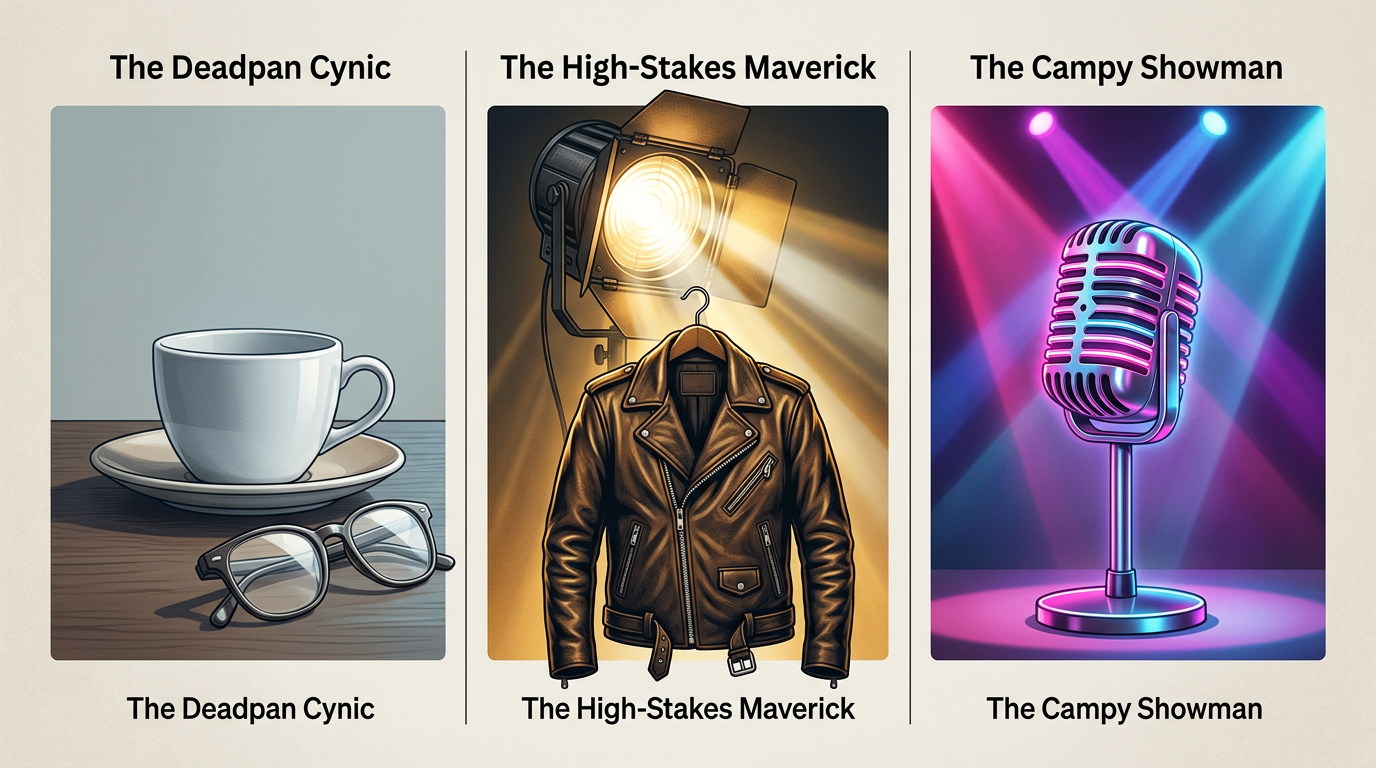 Infographic showing visual representations of three actor archetypes: the deadpan cynic, the high-stakes maverick, and the campy showman.