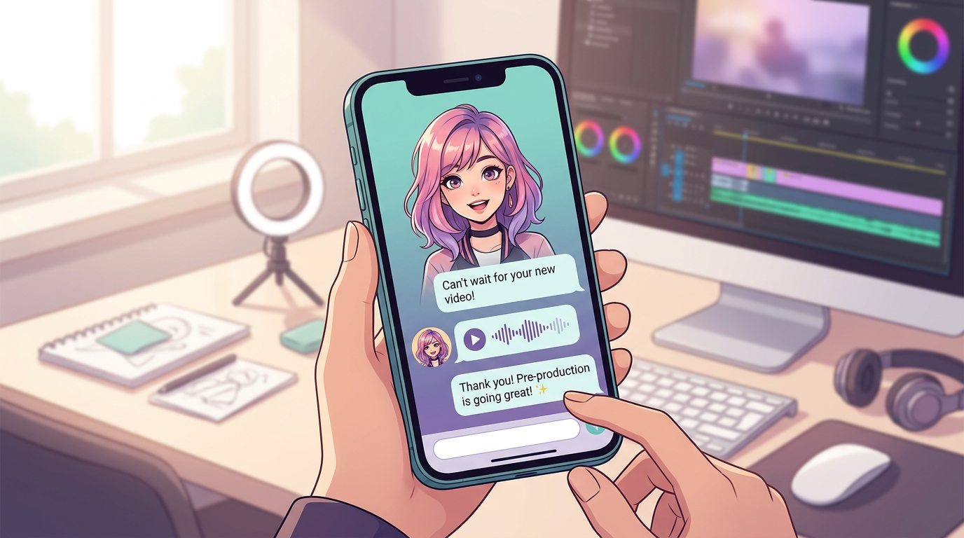 Smartphone interface showing a user chatting interactively with an AI anime character.
