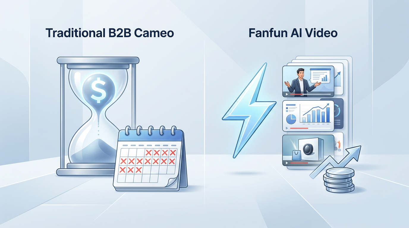 A comparison infographic showing the cost, speed, and scalability differences between traditional B2B Cameos and Fanfun AI video generation.