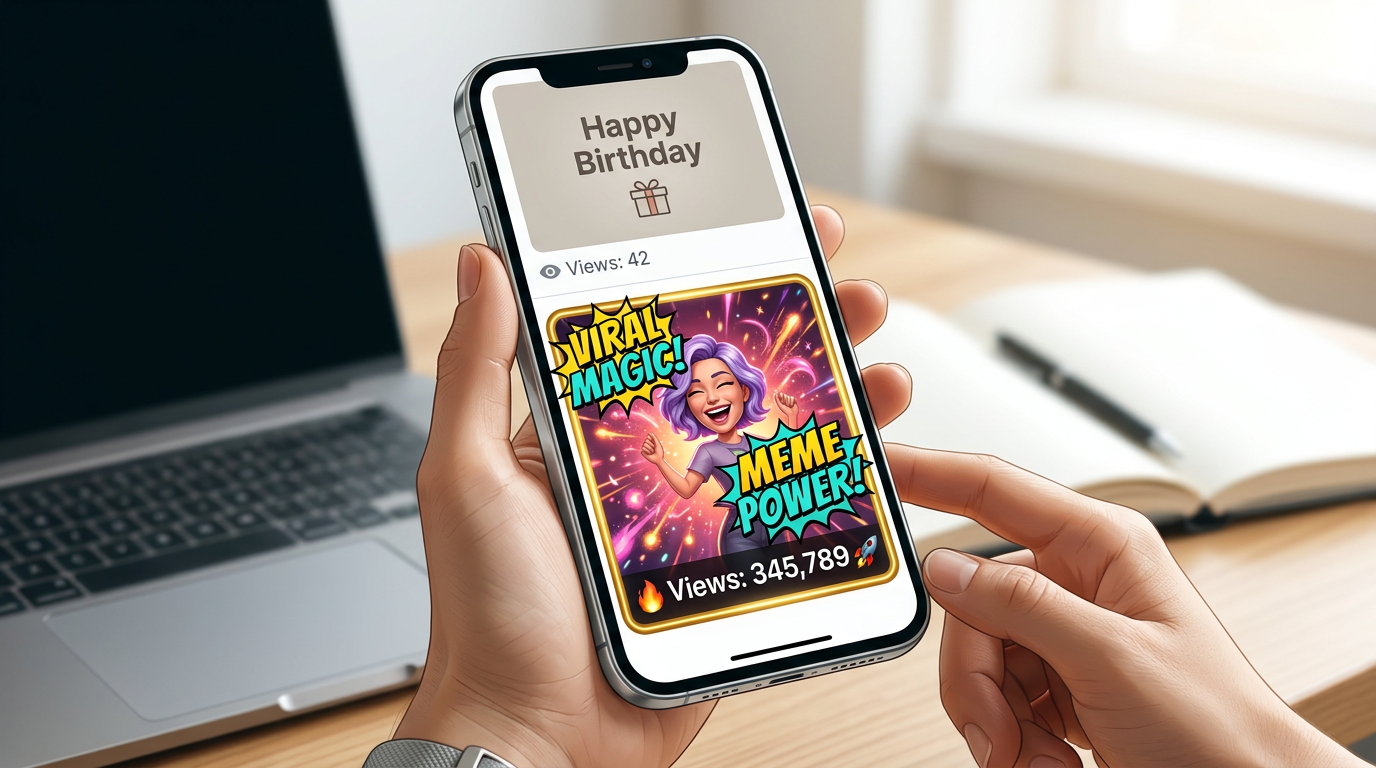 A side-by-side visual comparison of a boring traditional celebrity birthday video versus a highly viral, memeable AI celebrity video on a social media feed.