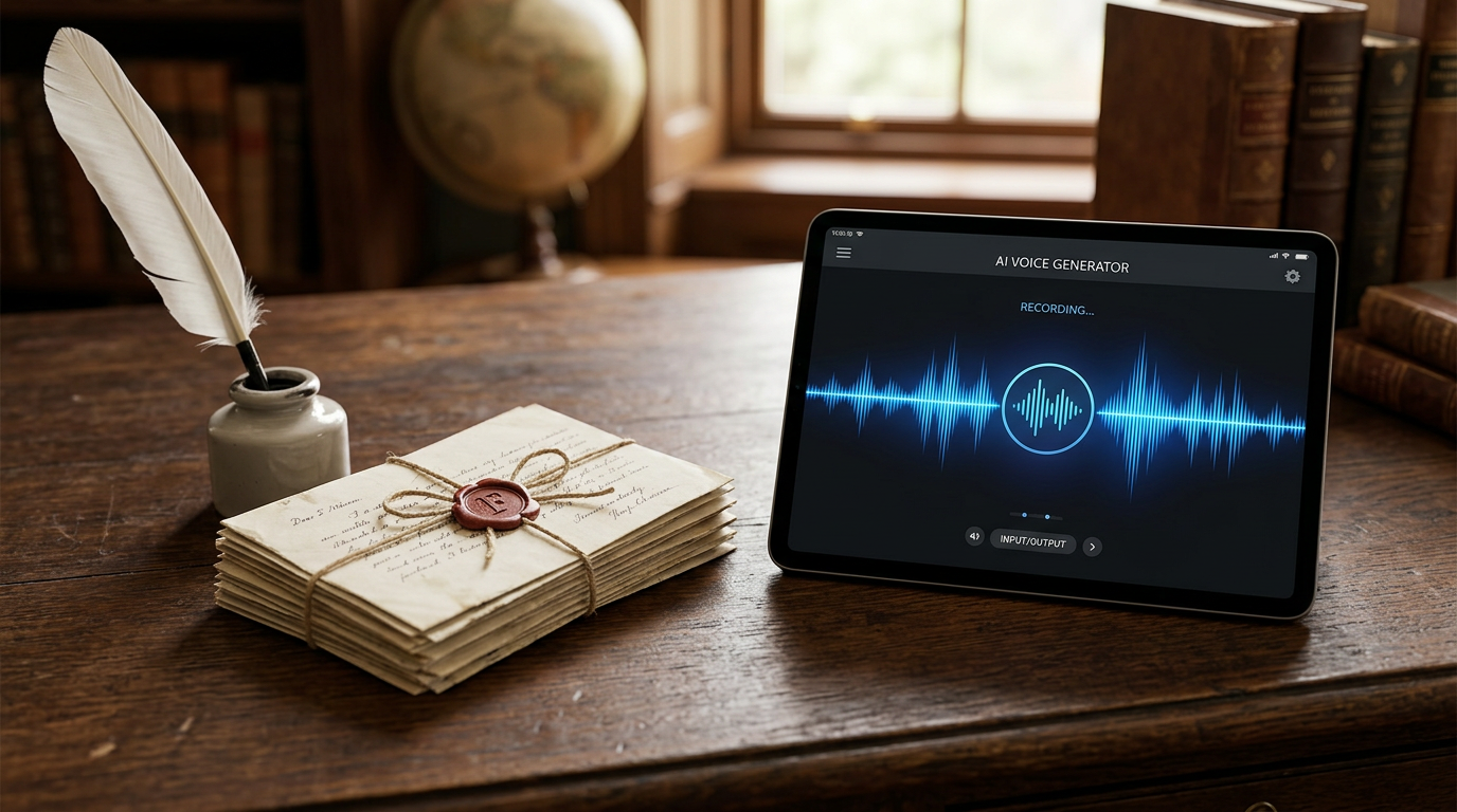 A vintage writing desk blending classic Regency letters with a modern digital AI voice generator interface.