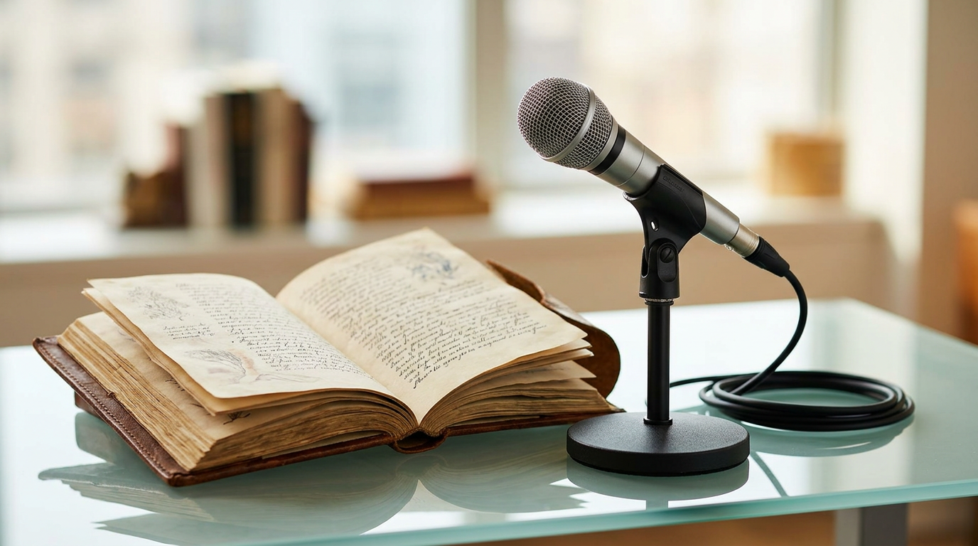 An ancient leather journal next to a modern studio microphone on a glass desk, illustrating the blending of old and new.