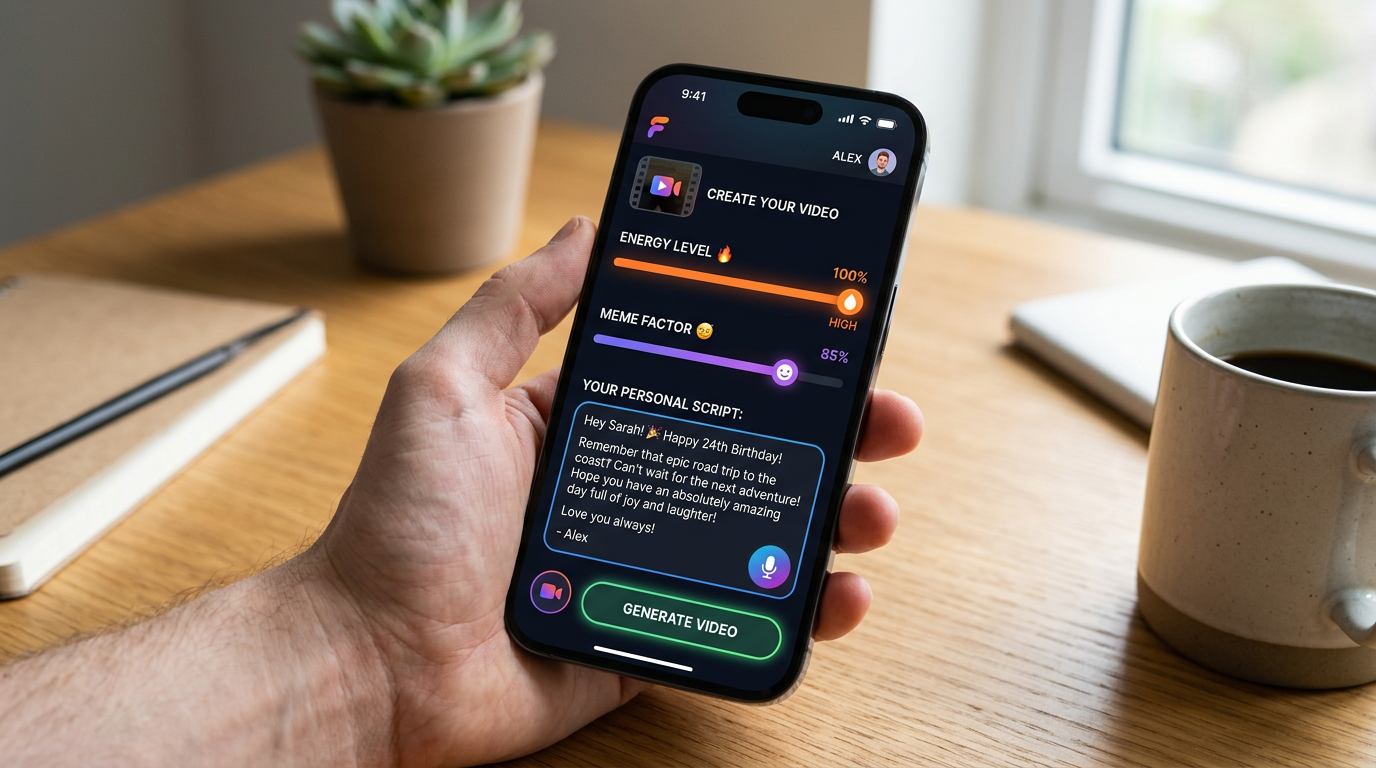 A smartphone interface showcasing a custom AI video generator dashboard with high-energy settings.