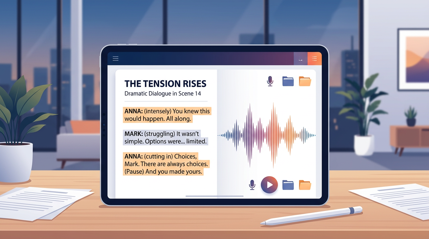A digital tablet showing a script editor interface with audio waveforms, representing modern content creation.