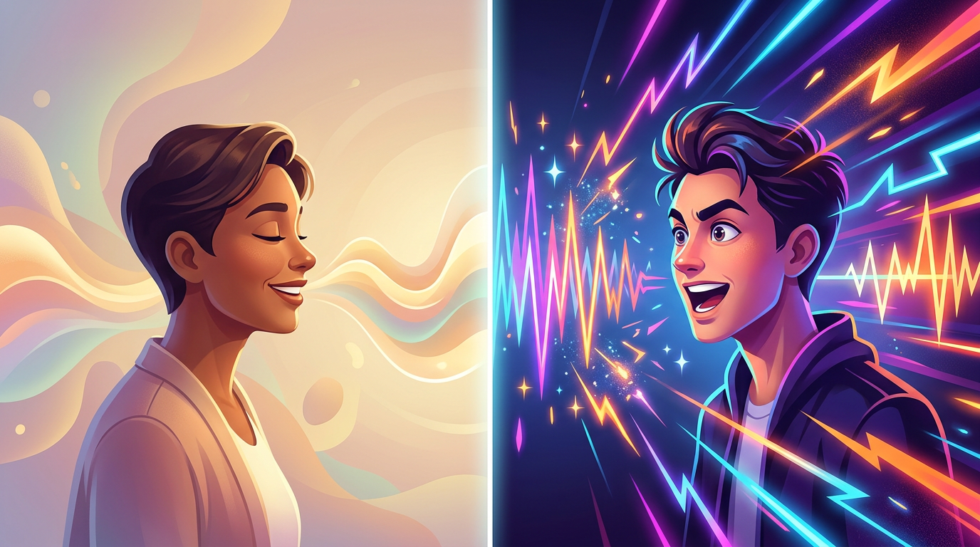 A visual comparison of cozy, warm soundwaves versus sharp, high-energy soundwaves representing different vocal archetypes.