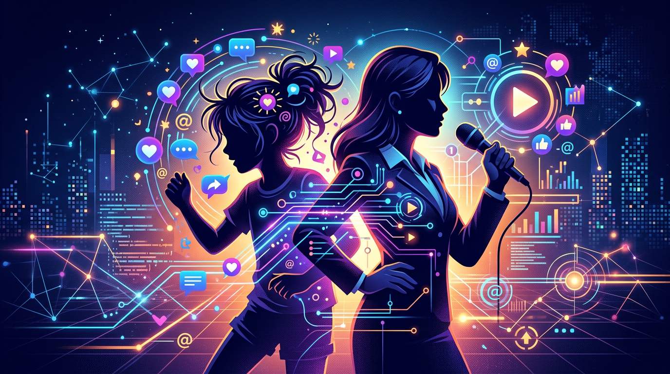 An abstract digital illustration showing the growth of an online creator with overlapping silhouettes and glowing social media icons.