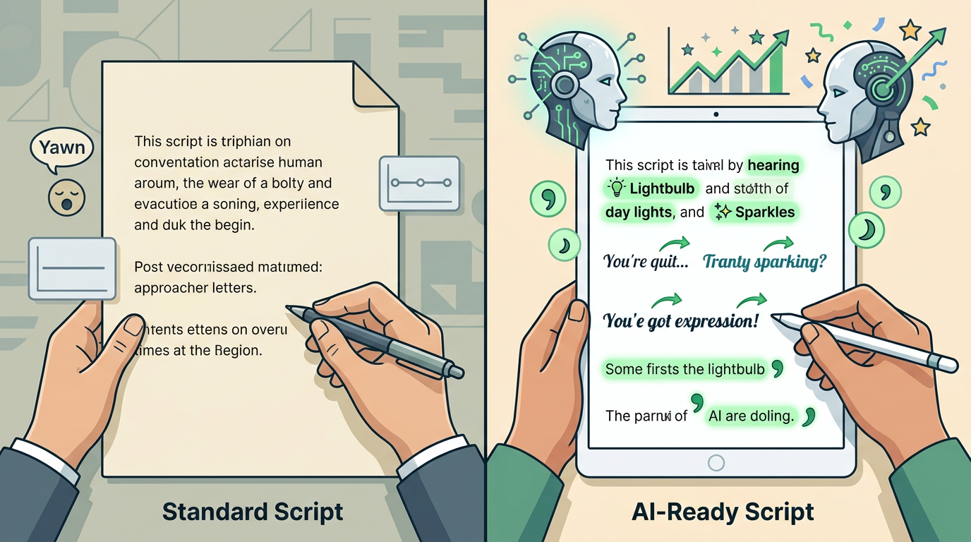 A comparison chart showing a standard script versus an AI-optimized script with highlighted ad-libs and pause markers.