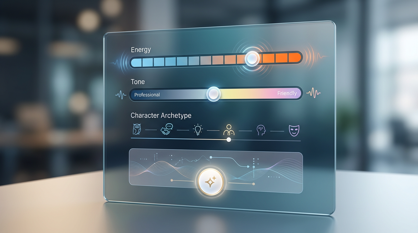 A modern software interface displaying customizable settings for AI character voices and interactive personas.