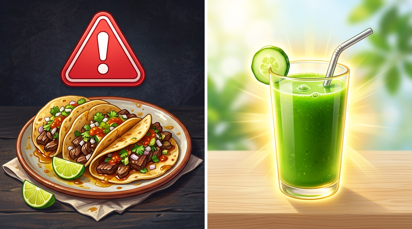 A humorous split-screen illustration contrasting greasy tacos with a glowing glass of green juice, representing the extreme wellness choices popularized in fitness memes.