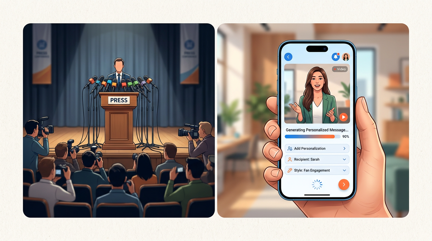 A comparison mockup contrasting traditional press conferences with instant, interactive AI fan engagement on a smartphone.