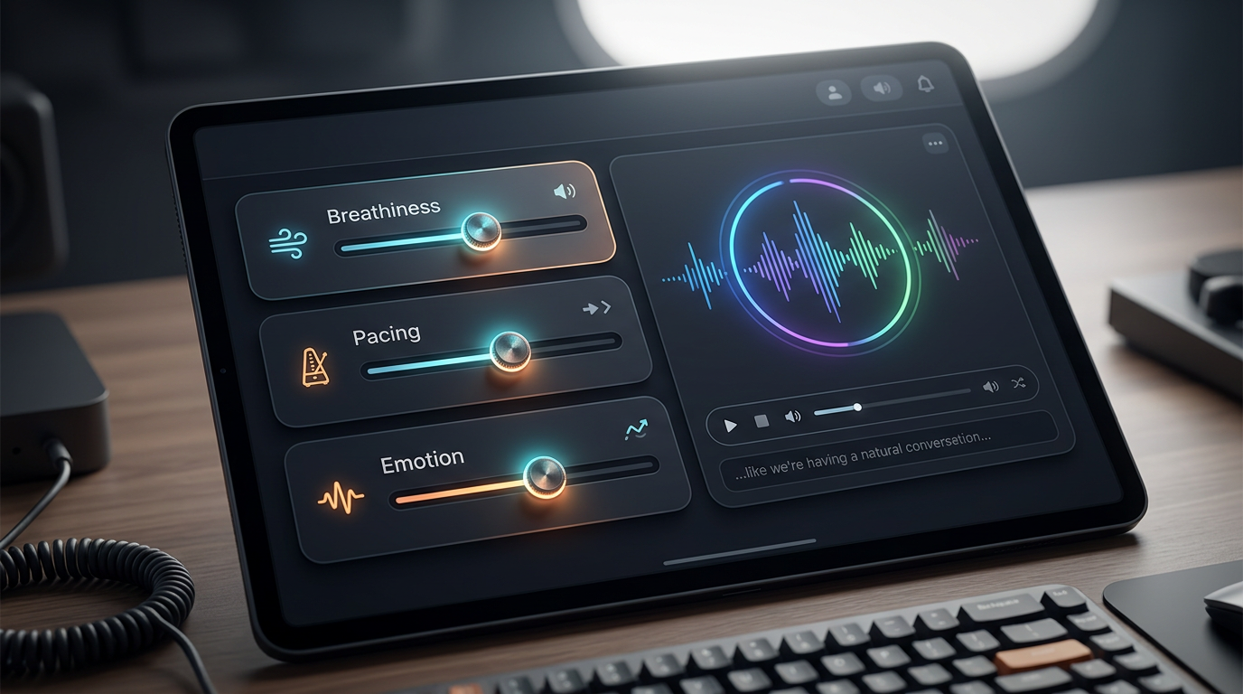 User interface of an AI voice generator emphasizing emotional nuance and pacing controls.