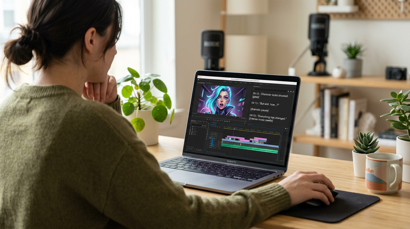 A content creator typing detailed emotional prompts into an AI video generation interface on a laptop.