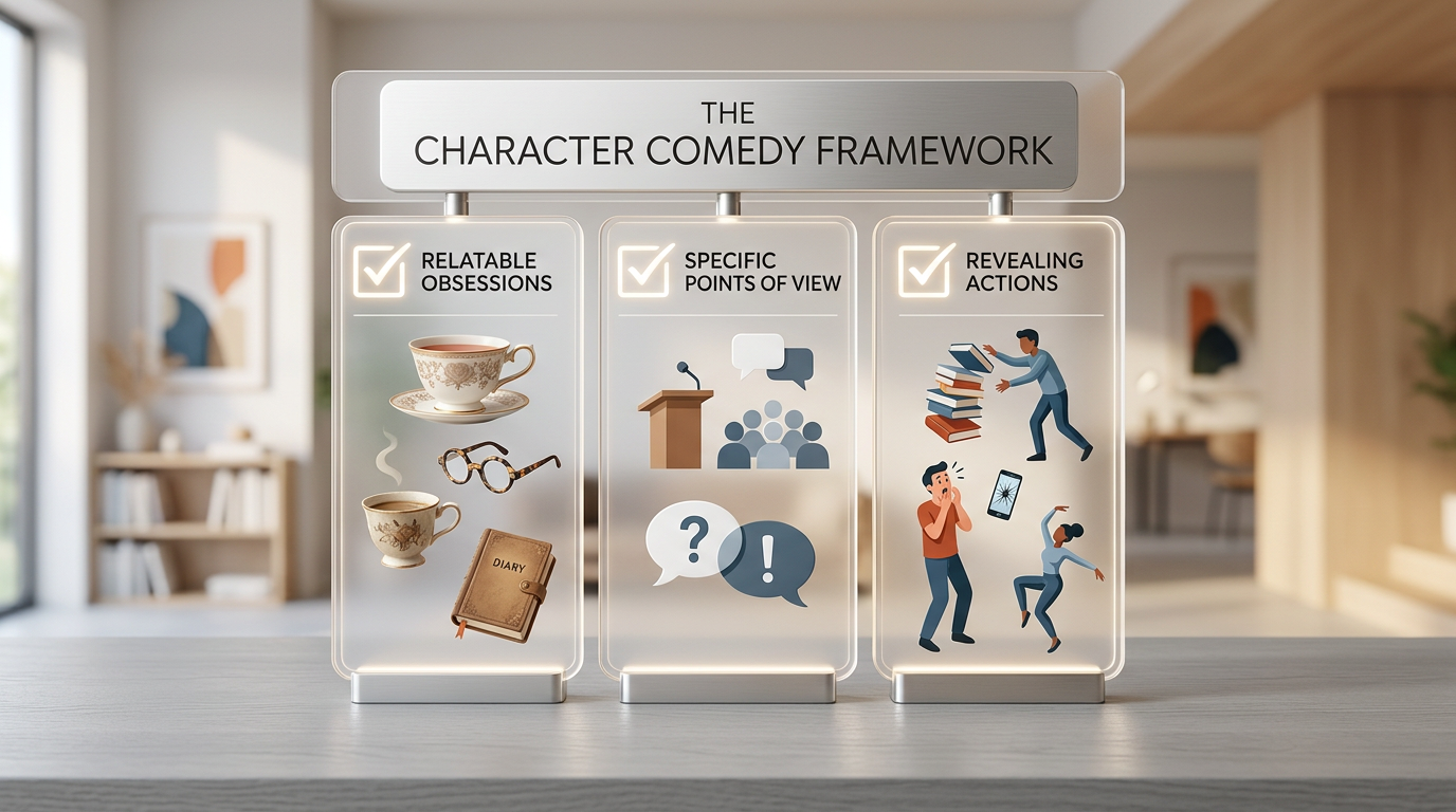 A checklist graphic for creating memorable comedic AI personas including The Flaw, The Catchphrase, and The Reaction.