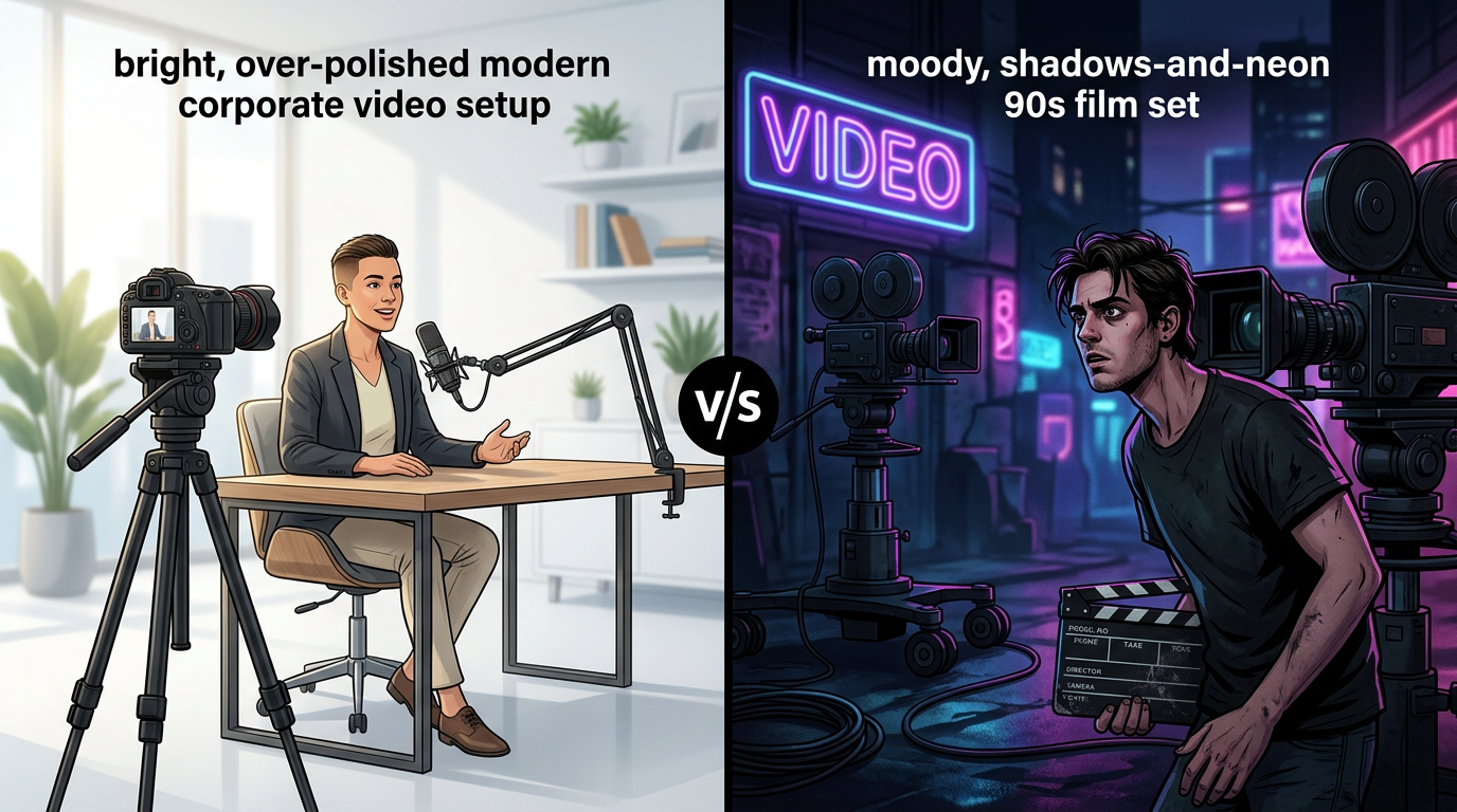 A comparison graphic showing a bright corporate video studio next to a dark, moody 90s indie film set with purple neon lighting.