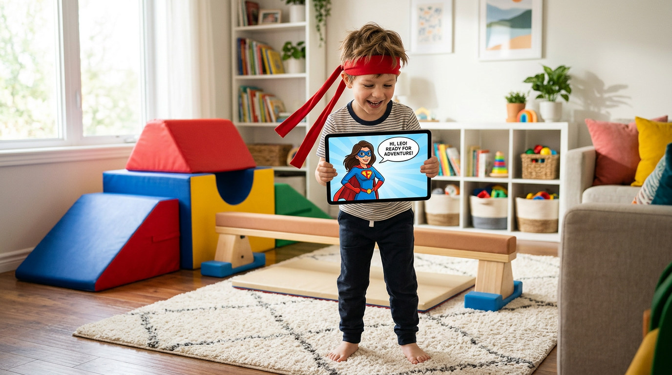 A young child holding a tablet showing a personalized superhero video message next to an indoor foam obstacle course.