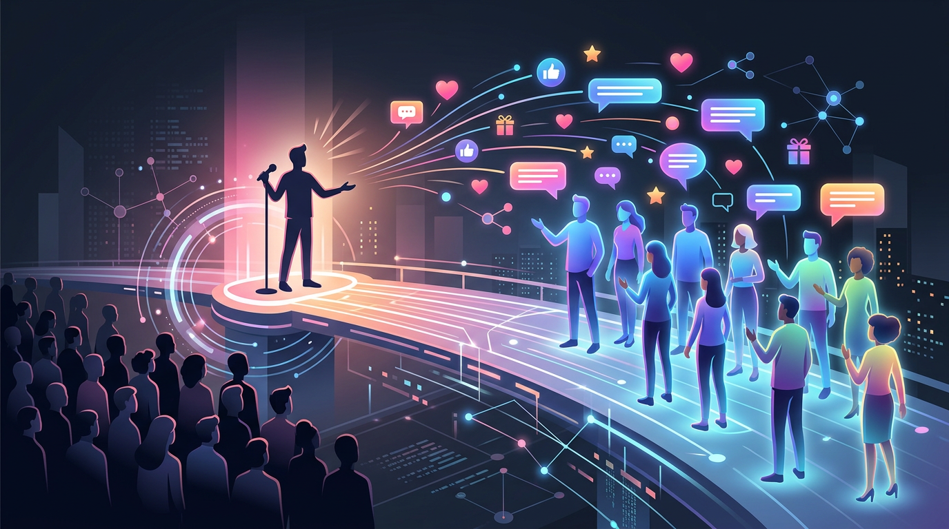 A vector graphic illustrating the transition from passive one-way broadcasting to active, two-way interactive fan engagement.