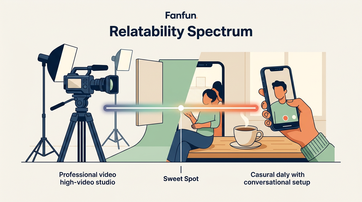 An infographic showing the Relatability Spectrum, balancing high-production value with raw smartphone authenticity to find the content sweet spot.