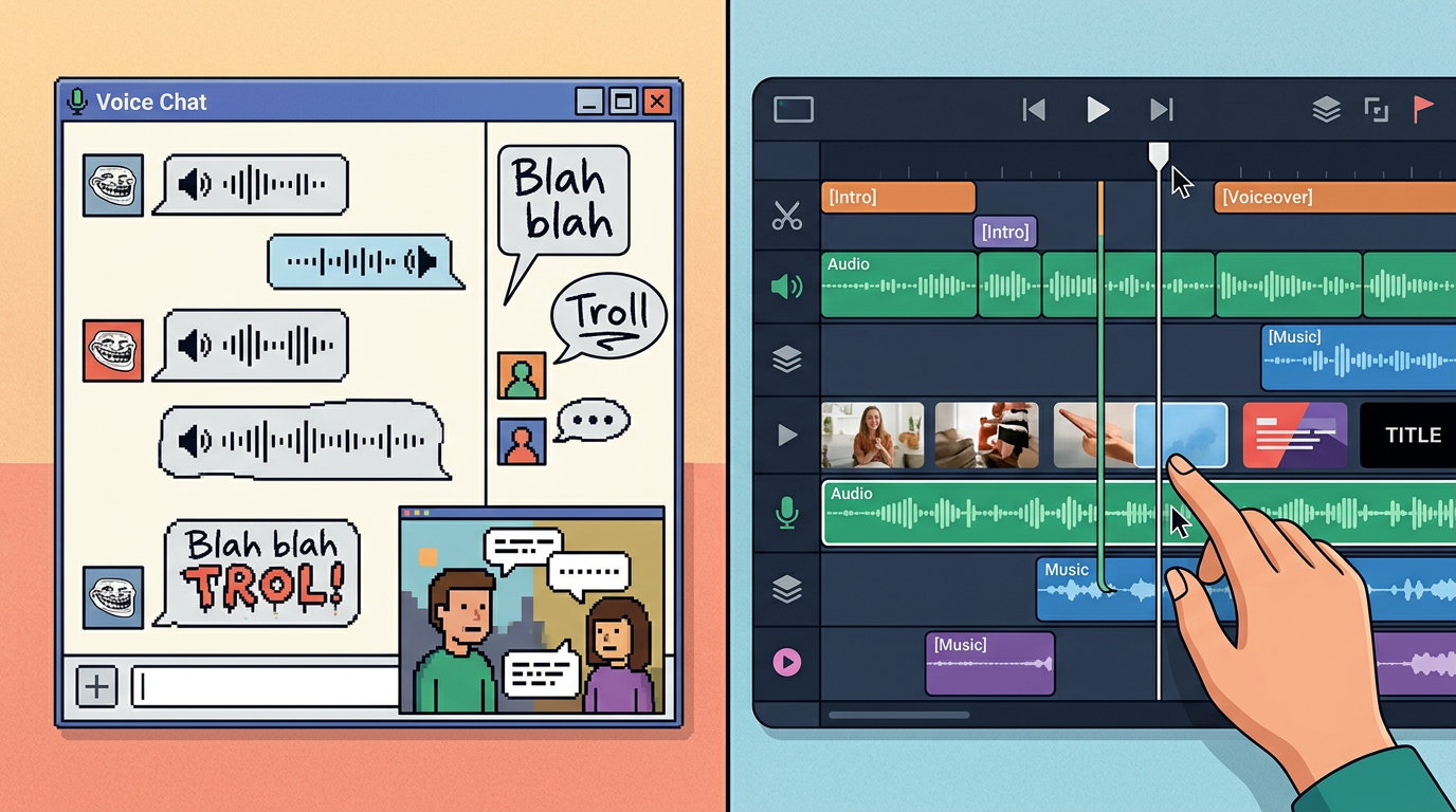 A comparison graphic contrasting a chaotic chat window with a professional, organized video editing timeline.