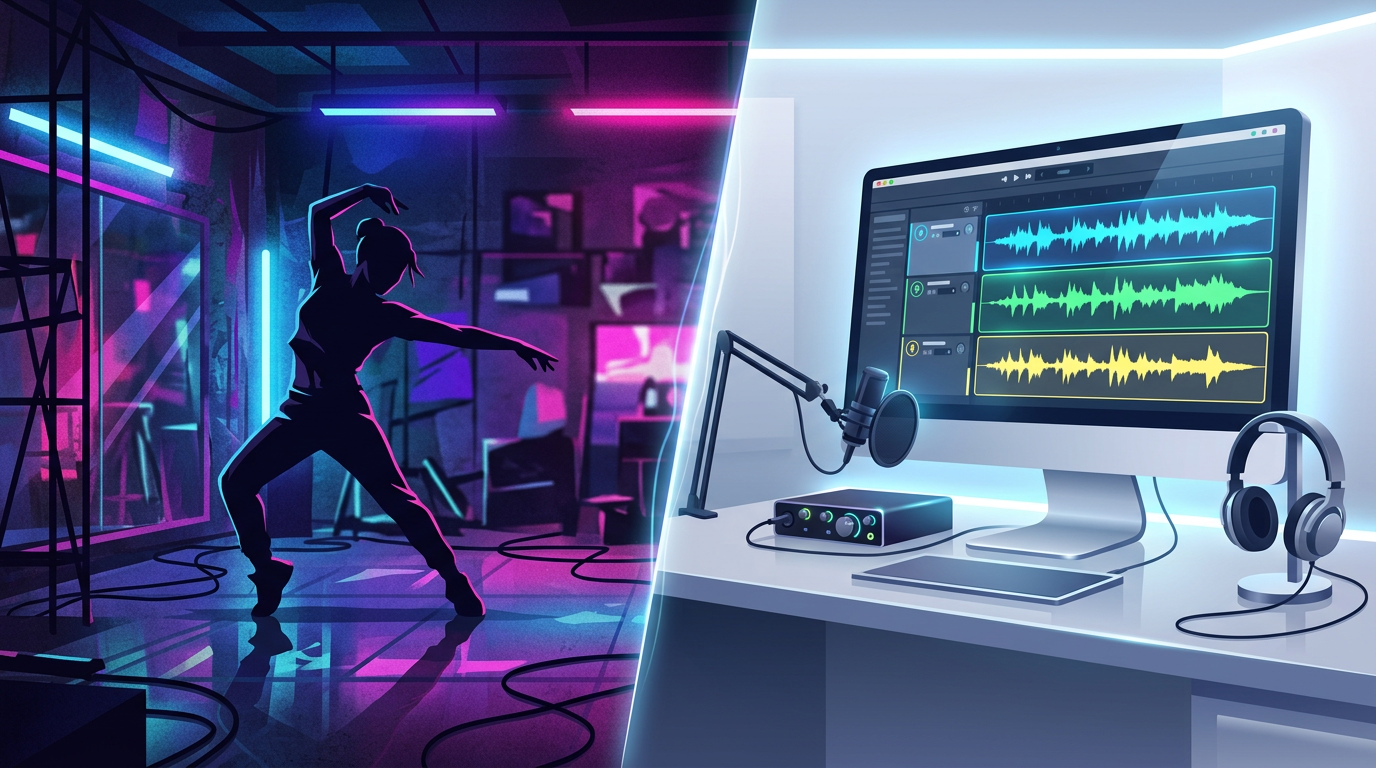 A split-screen graphic of a neon dance studio and a digital audio workstation, symbolizing the evolution of performance art.
