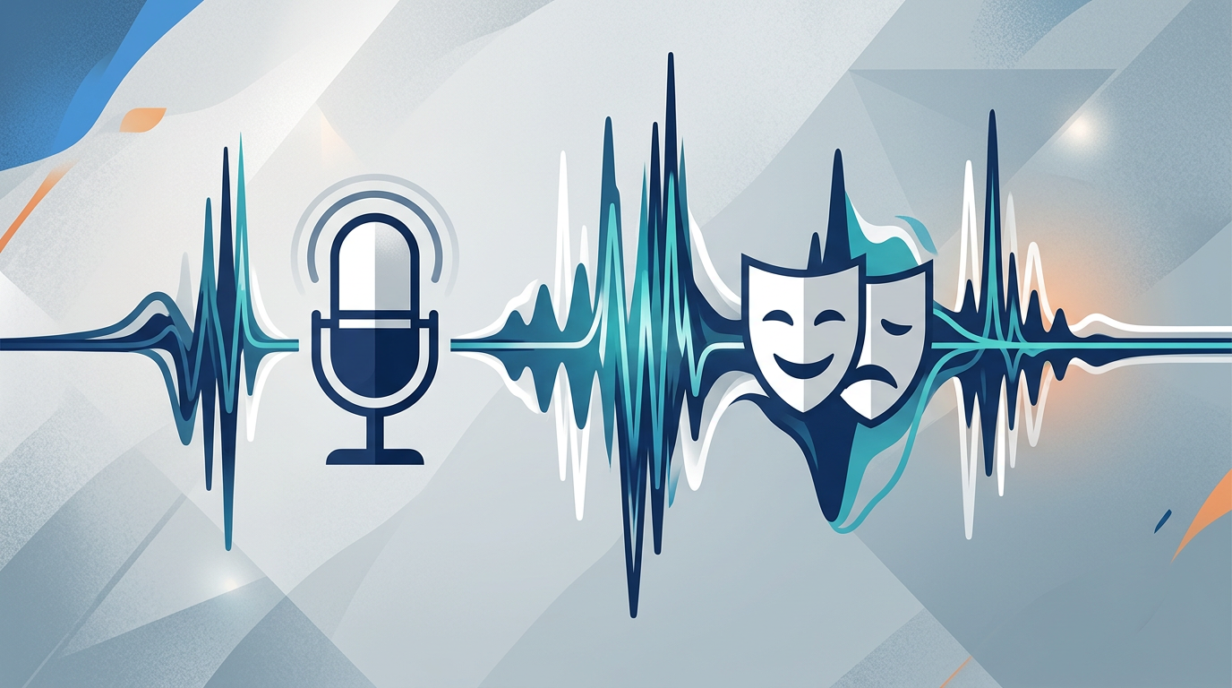 An abstract graphic of a dynamic sound wave representing comedic vocal range and pitch shifts.