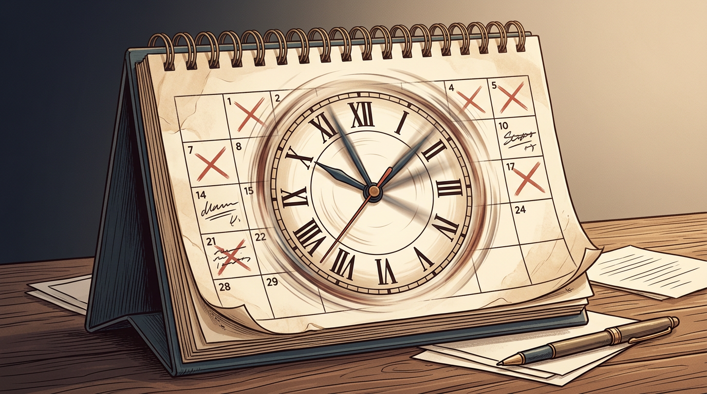 An illustration showing a calendar and spinning clock hands to represent the long wait times of traditional celebrity booking sites.